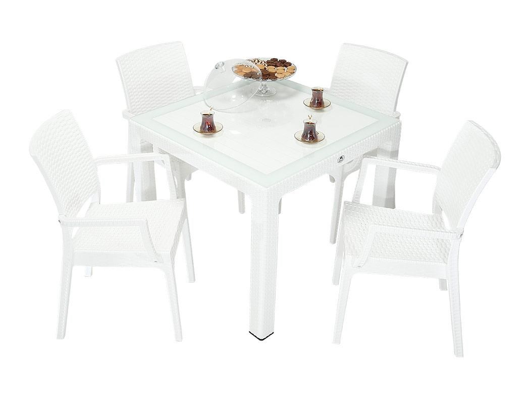 Mandella Elit Rattan 90x90 Elit Koltuk Camlı Masa Takımı BEYAZ