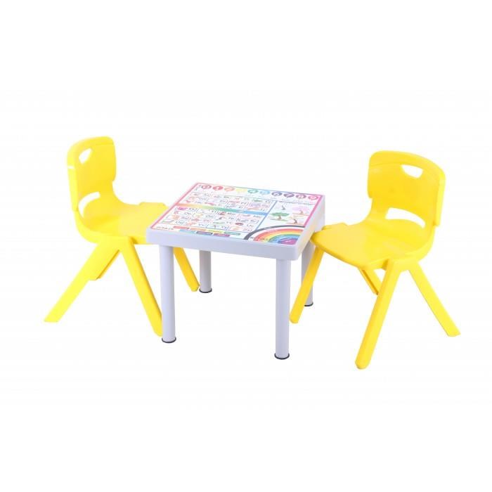 Sağlam Plastik Mandella Rubi İngilizce  Desenli Çocuk Masası 2 Adet Nova Büyük Çocuk Koltuk Sarı
