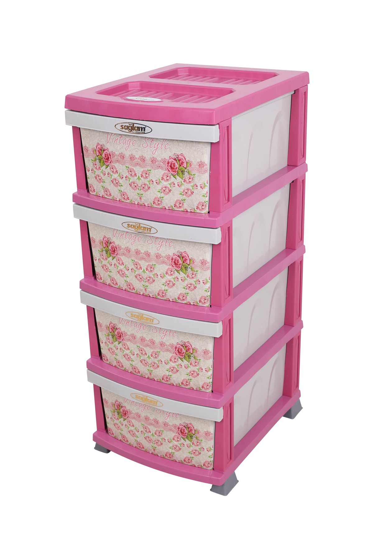 Sağlam Plastik Elegant Desenli Komidin (4 Çekmeceli Sebzelik) Pembe