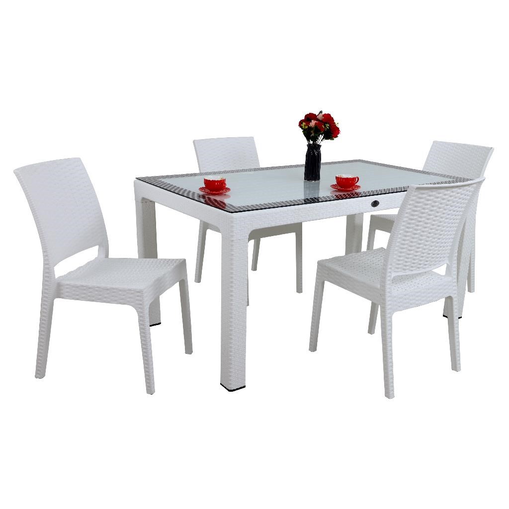 Mandella Elit Rattan 90x150 4 kişilik Elit Sandalye Camlı Masa Takımı Beyaz