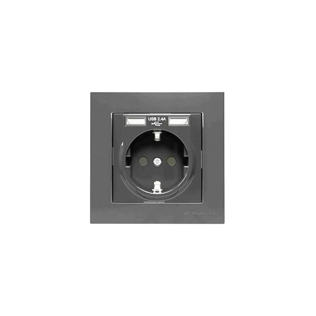 RİTA İKİLİ USB Lİ TOPRAKLI PRİZ ANTRASİT BLİSTERLİ