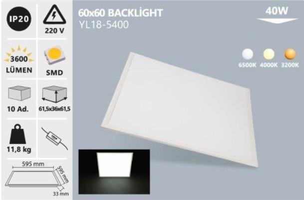 40 W 60X60 BACKLİGHT SIVA ALTI LED PANEL 4000 k