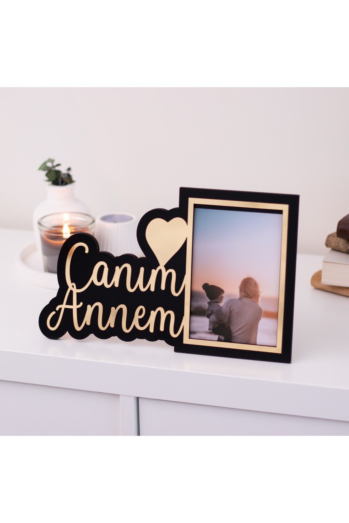 Canım Annem Yazılı Ahşap Fotoğraf Çerçevesi Gold Yazılı | 18x24 cm Anneler Günü Hediyesi