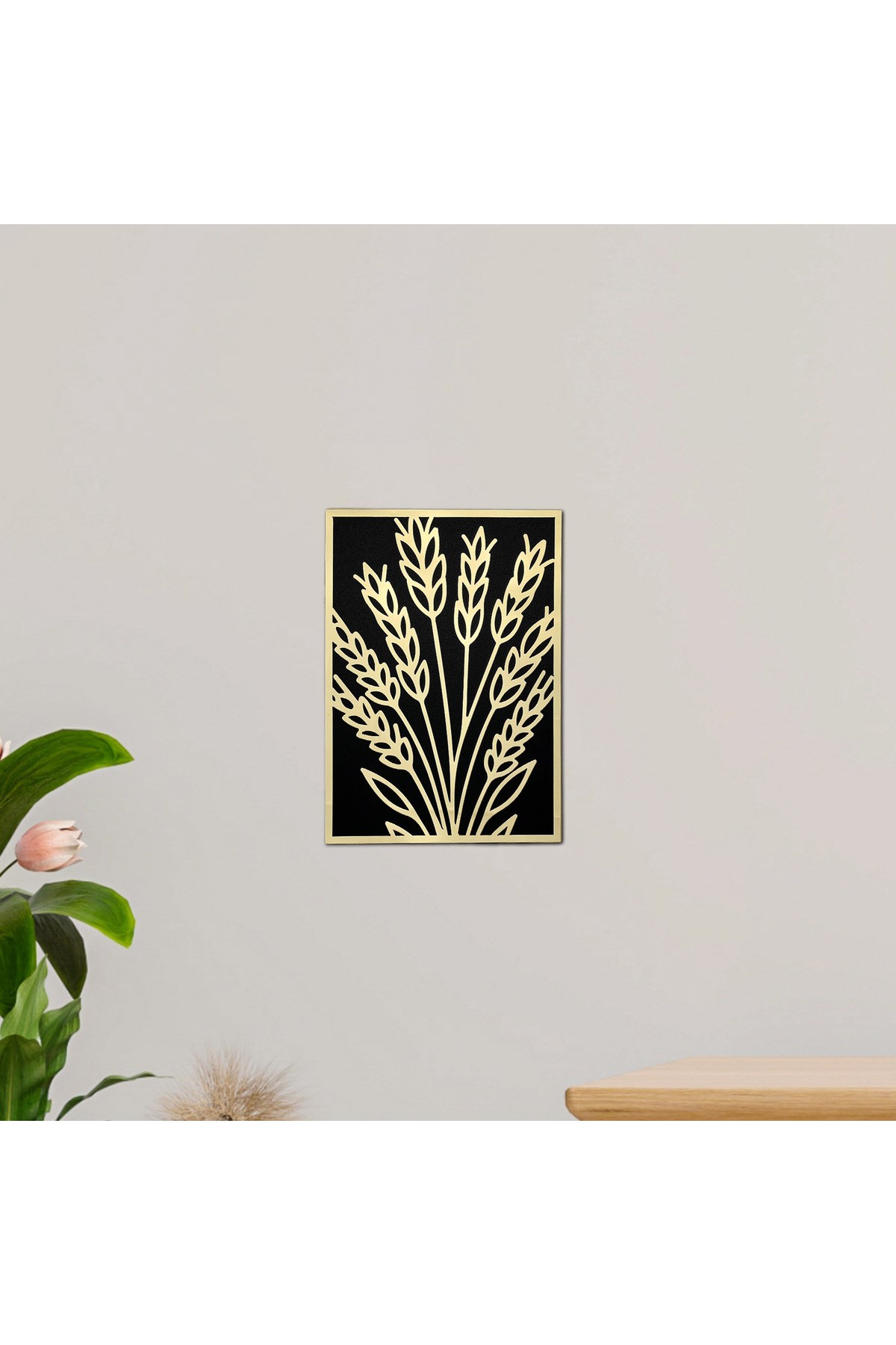 Gold Pleksi Çiçek Motifli Siyah Ahşap Dekoratif Tablo 15x20 cm Şık Duvar Süsü Ev Ofis Dekor