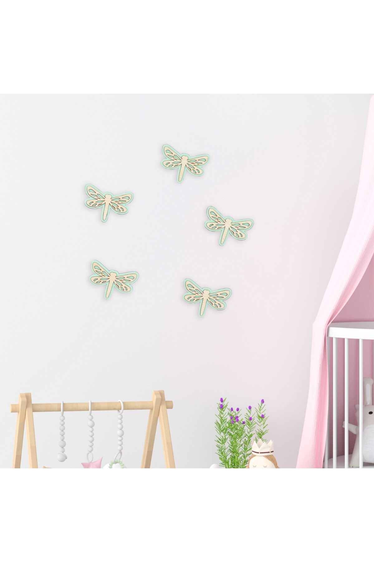 Ahşap Yusufçuk Duvar Süsü 5’li Set – Çocuk Odası Dekoru | 5 Renk Seçeneği, Bebek Odası Dekorasyon