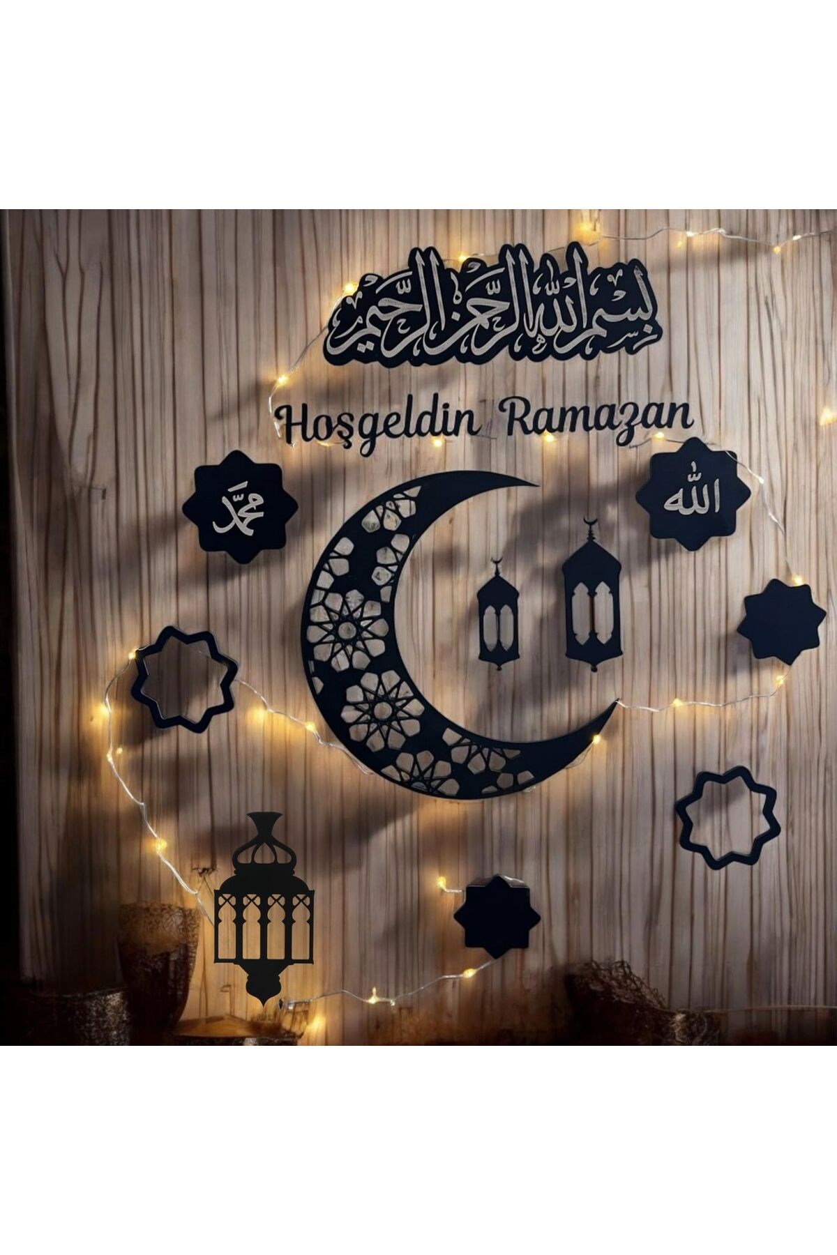 "Hoşgeldin Ramazan LED Işıklı Ahşap Duvar Süsü | Ay Yıldız ve Dini Figürlerle Dekorasyon"