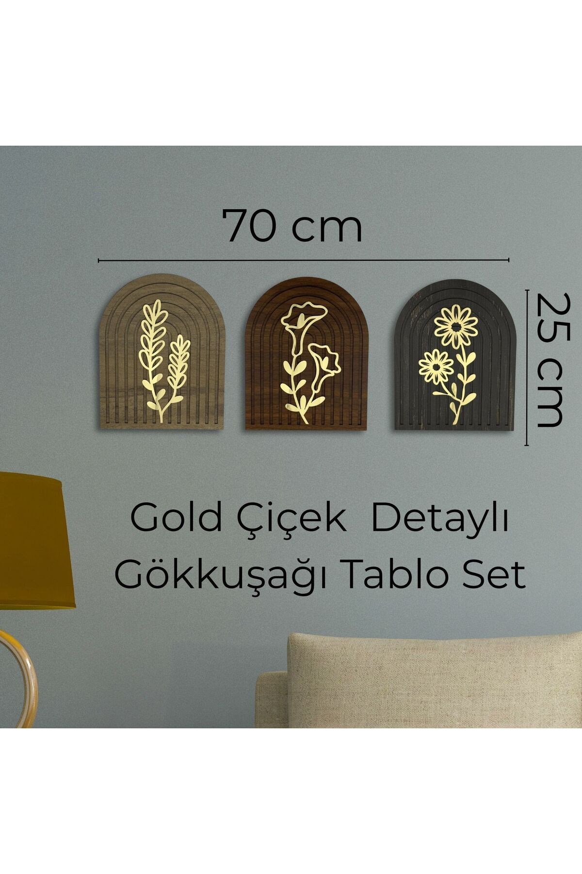Gold Çiçek Detaylı Ahşap Gökküşağı Duvar Tablo Seti – 70x25 cm Dekoratif Ev Ofis Süsleme