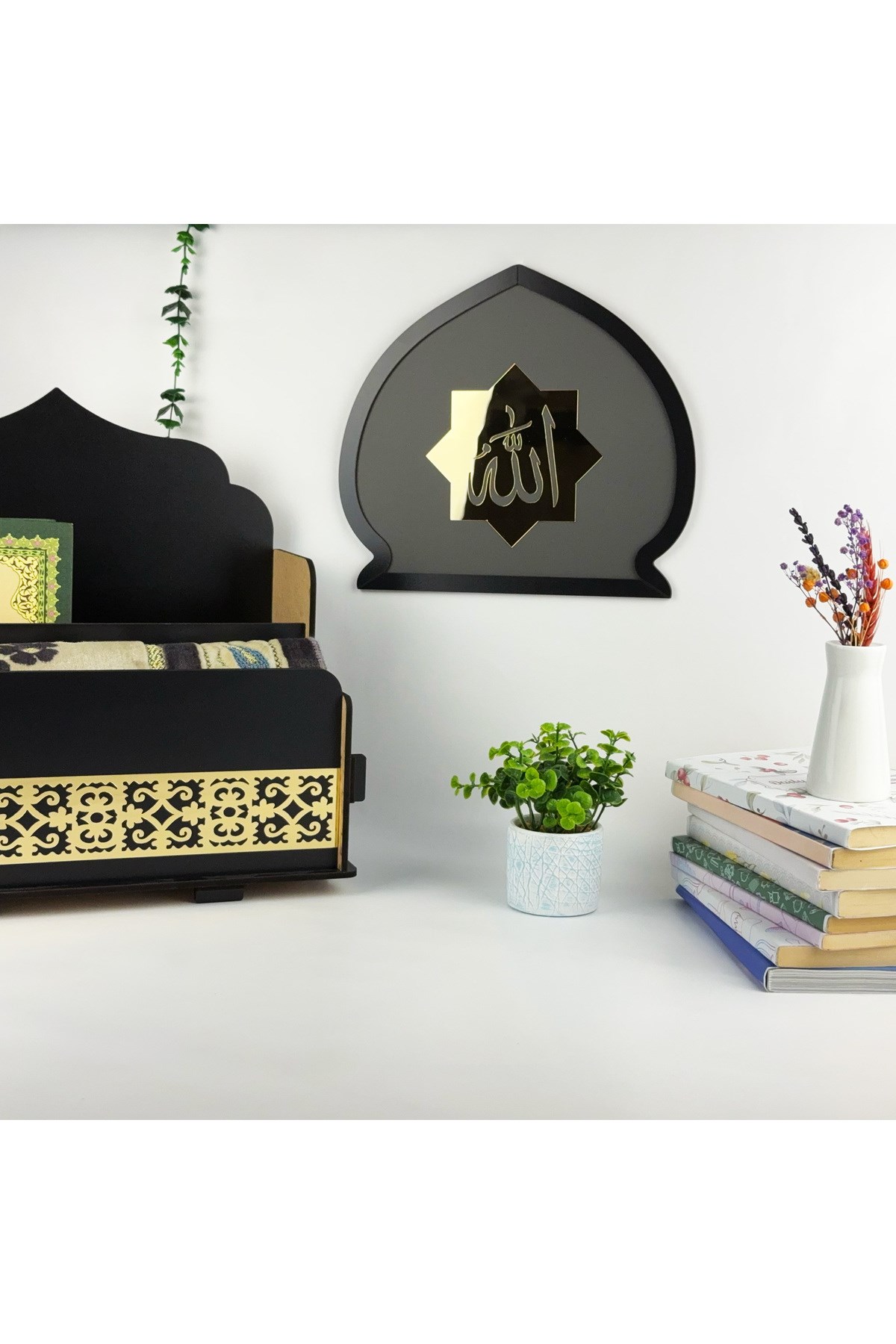 Siyah Ahşap Gold Pleksi Süslemeli Seccadelik ve dini kitap Düzenleyici, Şık İslami Dekoratif
