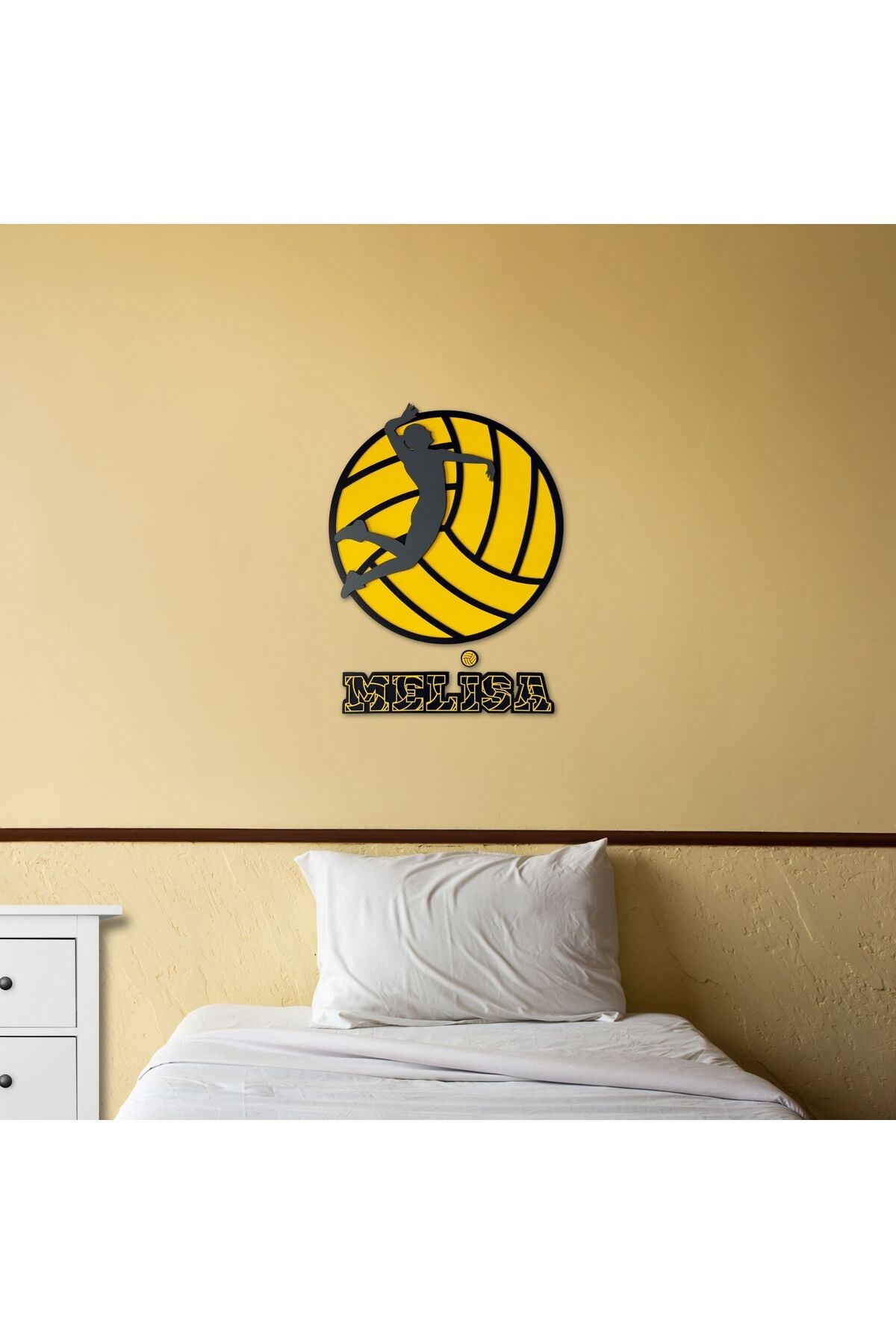 Kişiye Özel İsimli Ahşap MDF Voleybol Duvar Dekoru | Sporcu Temalı Voleybol Oynayan Oyuncu Desenli