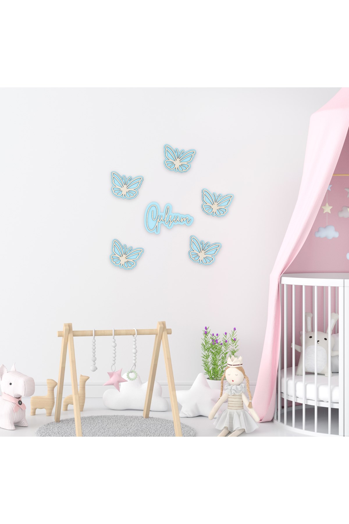 İsimli Ahşap Kelebek Duvar Süsü 5’li Set – Çocuk Odası Dekoru | 5 Renk Seçeneği, Kişiye Özel