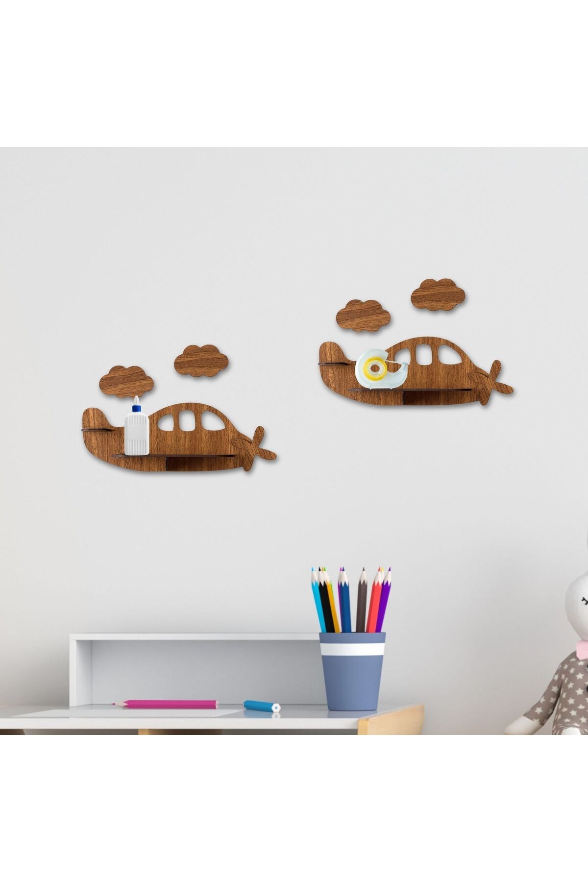 2'li Uçak Temalı Ahşap Duvar Rafı | Çocuk Odası Dekoru | 5 Renk | MDF Raf Ünitesi Uçak Figürlü Dekor