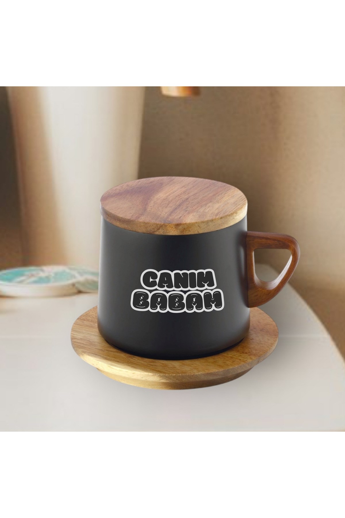 Babalar Günü Hediyesi Termos – Ahşap Kapaklı, Siyah Çelik, I Love My Dad Yazılı