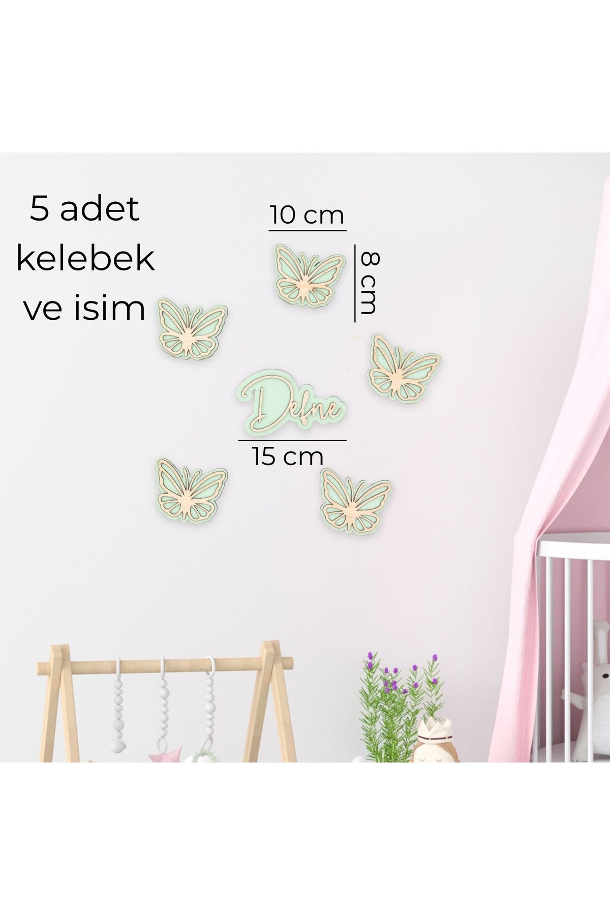 İsimli Ahşap Kelebek Duvar Süsü 5’li Set – Çocuk Odası Dekoru | 5 Renk Seçeneği, Kişiye Özel