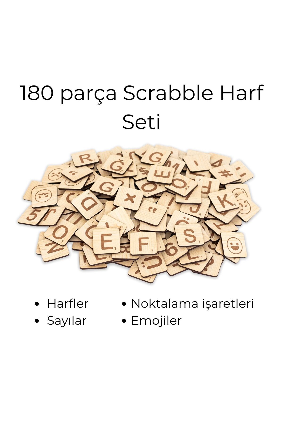 Ahşap 180 Parça Harf Seti | 4 cm Scrabble Harfler, Rakam ve Semboller – Dekor & Notluk ve Eğlence
