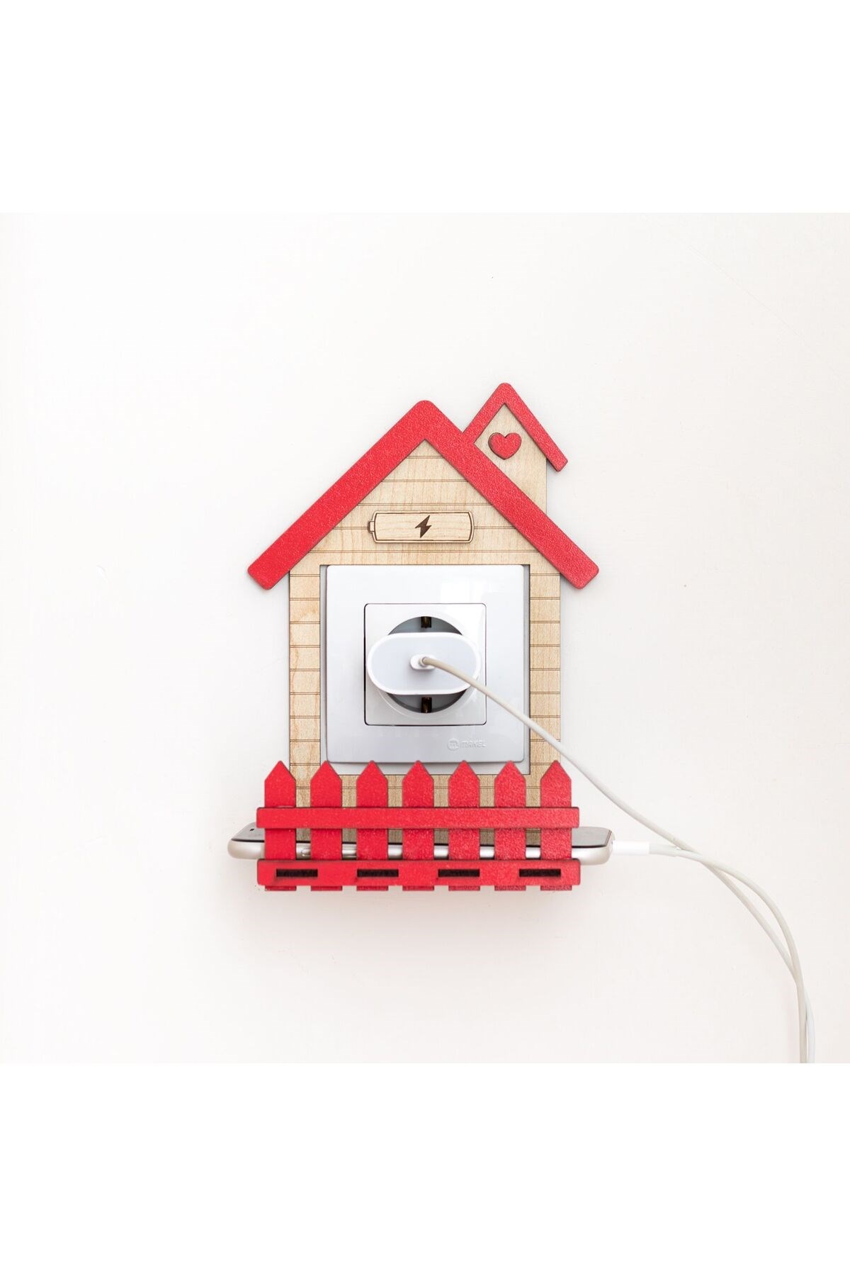 Dekoratif Ahşap Priz Üstü Şarj Rafı | Telefon Şarjlığı Organizeri | Ev Temalı MDF Duvar Dekoru