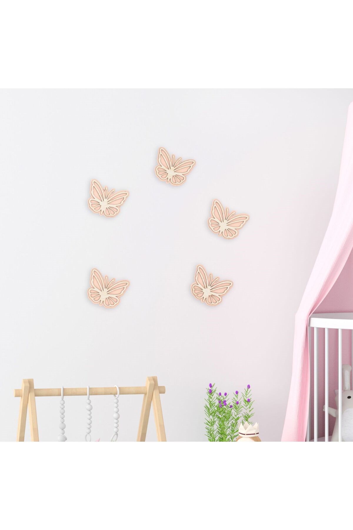 Ahşap Kelebek Duvar Süsü 5’li Set – Pembe, Mavi, Yeşil Renkli Çocuk Odası Dekoru, Bantlı Montaj