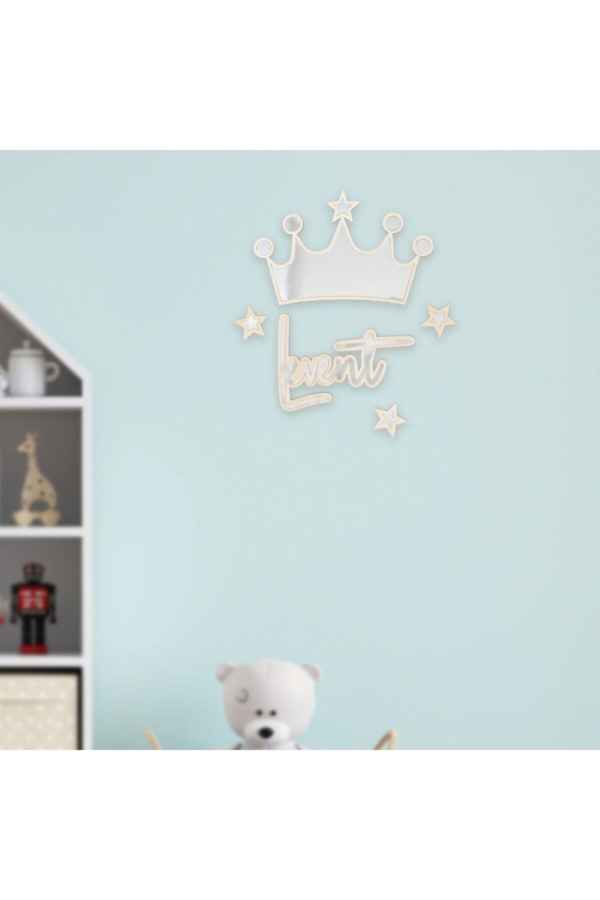 Kişiye Özel Ahşap Gümüş Pleksi Kral Tacı Duvar Süsü – 30x30 cm İsimli Bebek Çocuk Odası Dekoru