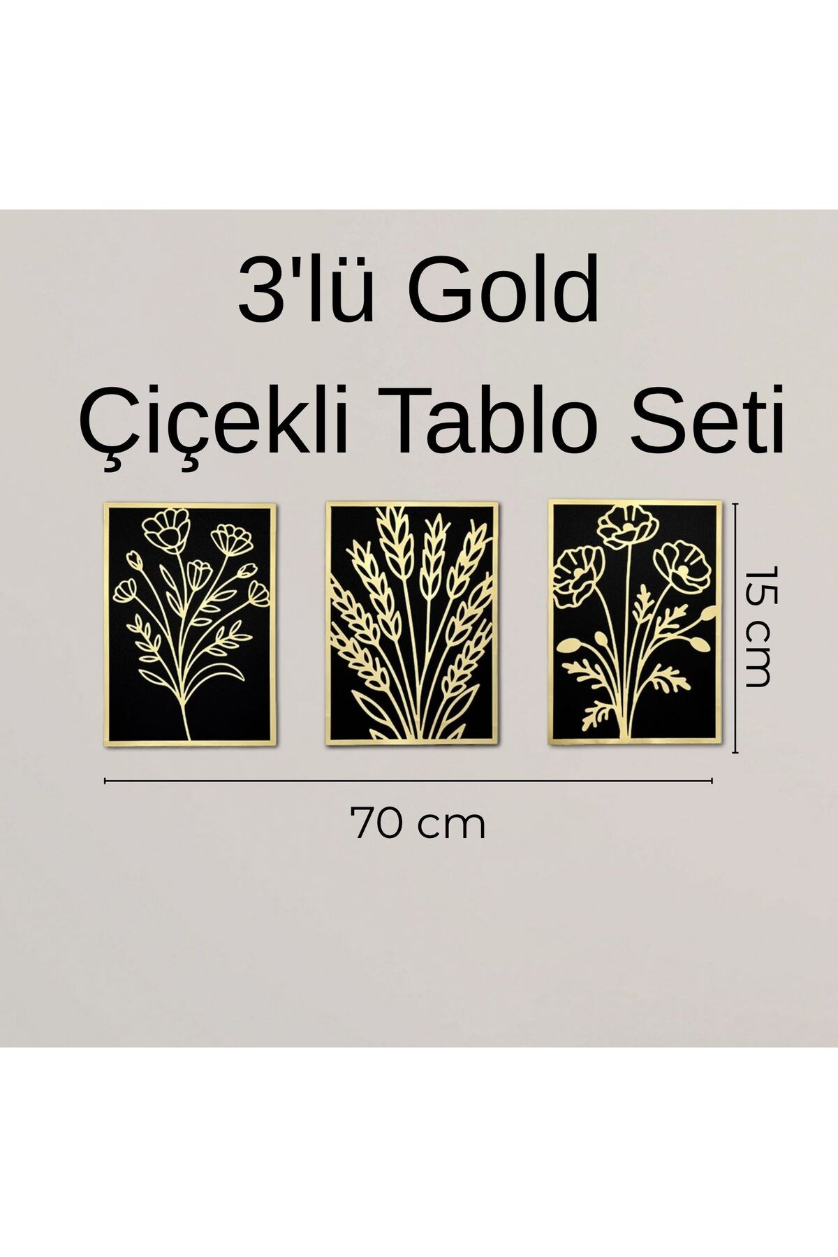 3’lü Gold Pleksi Çiçekli Siyah Ahşap Dekoratif Tablo Seti - Modern Duvar Süsü