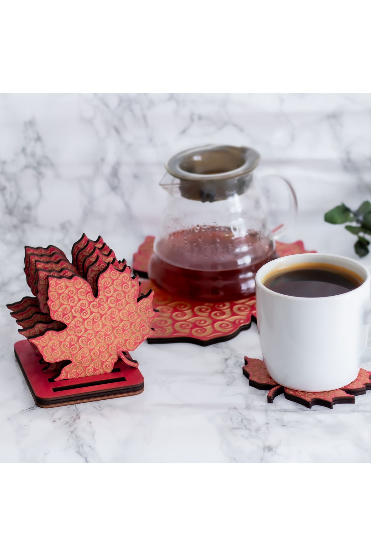Huş Ahşap Yaprak Desenli Nihale ve 6’lı Bardak Altlığı Servis Seti - Otantik - Nostaljik