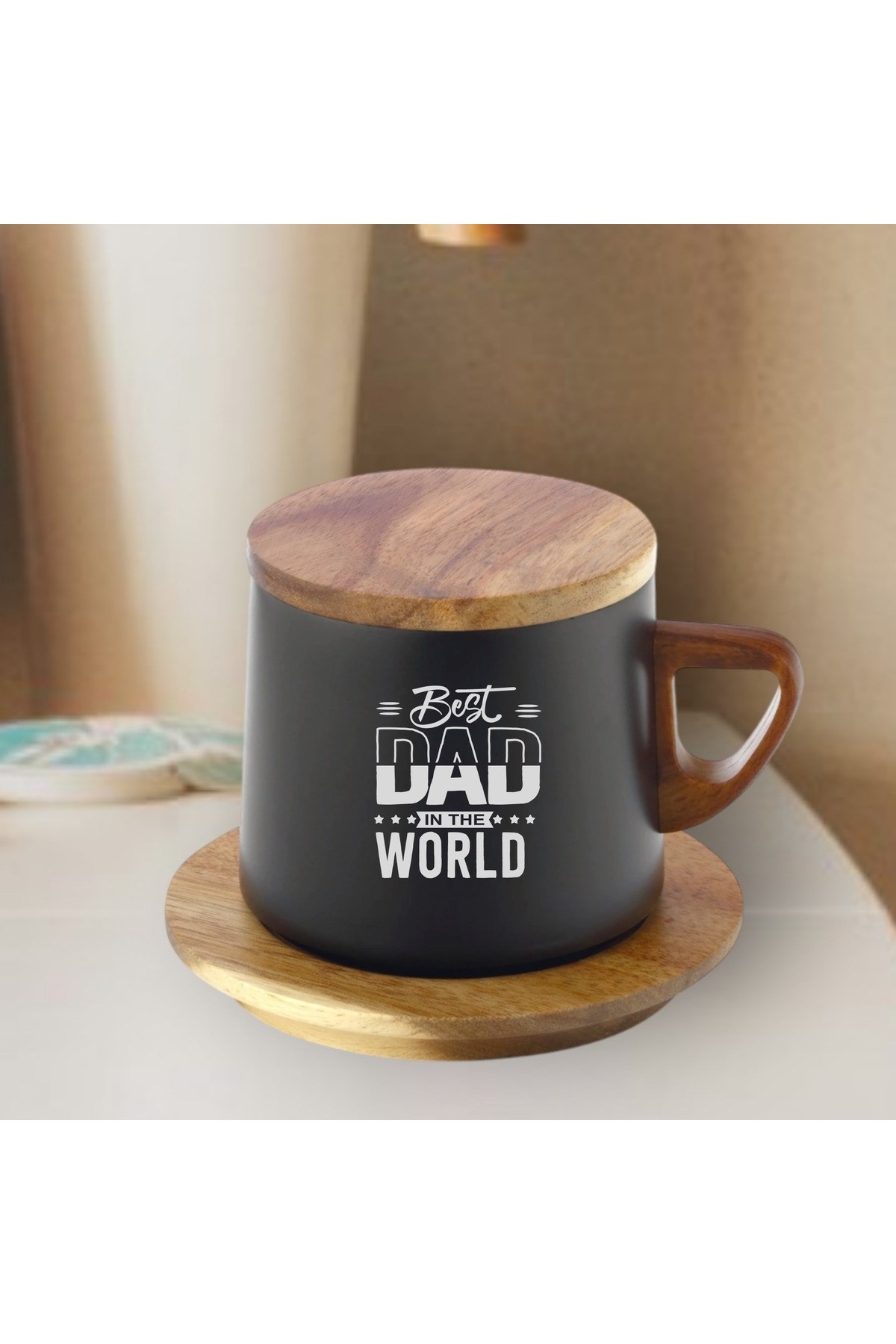 Babalar Günü Hediyesi Termos – Ahşap Kapaklı, Siyah Çelik, I Love My Dad Yazılı