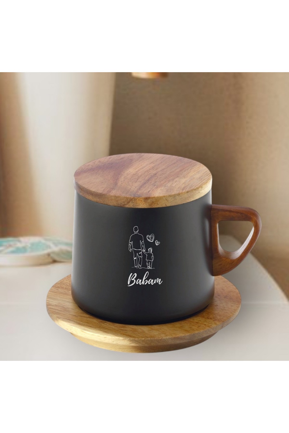 Babalar Günü Hediyesi Termos – Ahşap Kapaklı, Siyah Çelik, I Love My Dad Yazılı