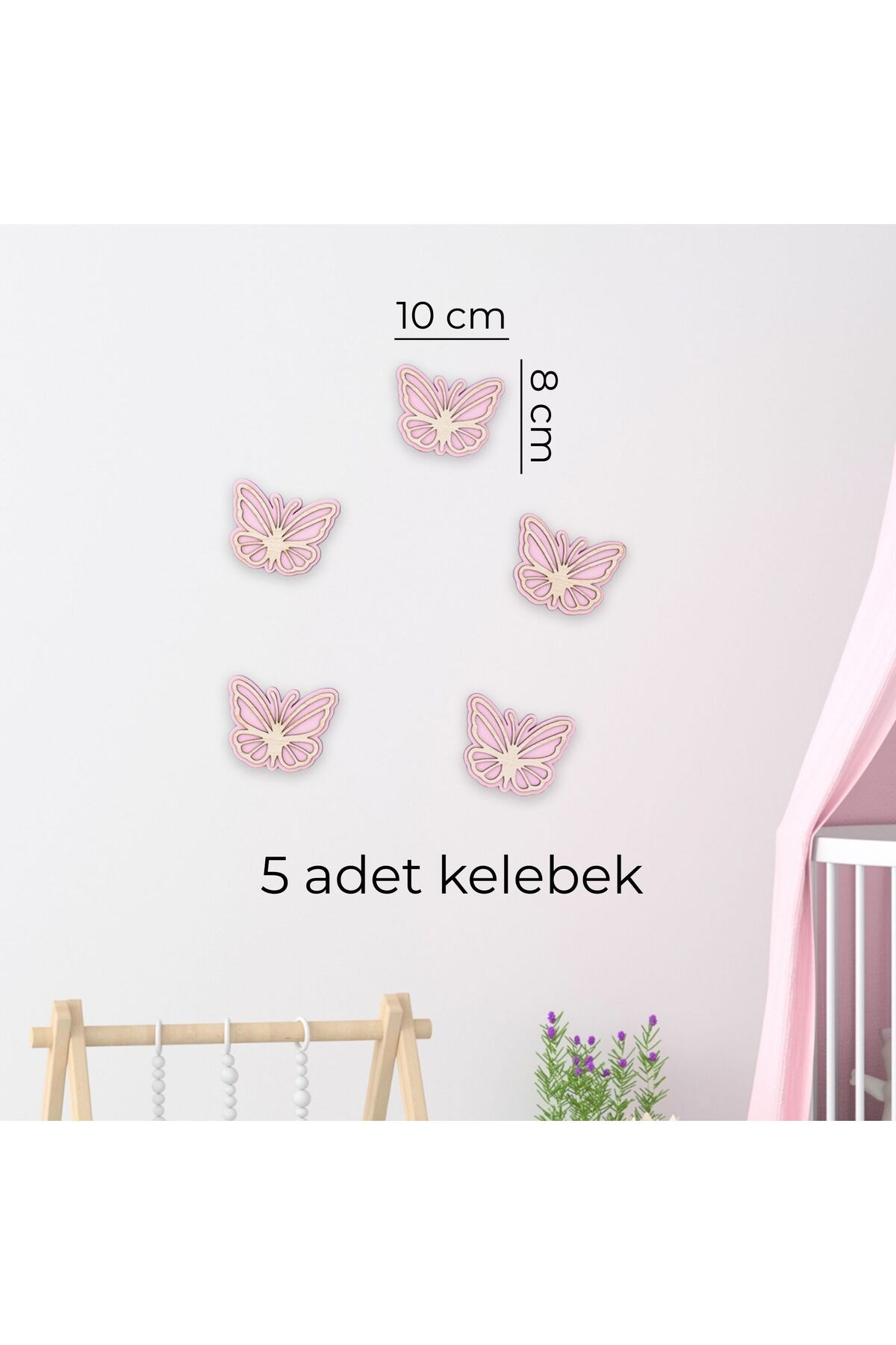 Ahşap Kelebek Duvar Süsü 5’li Set – Pembe, Mavi, Yeşil Renkli Çocuk Odası Dekoru, Bantlı Montaj