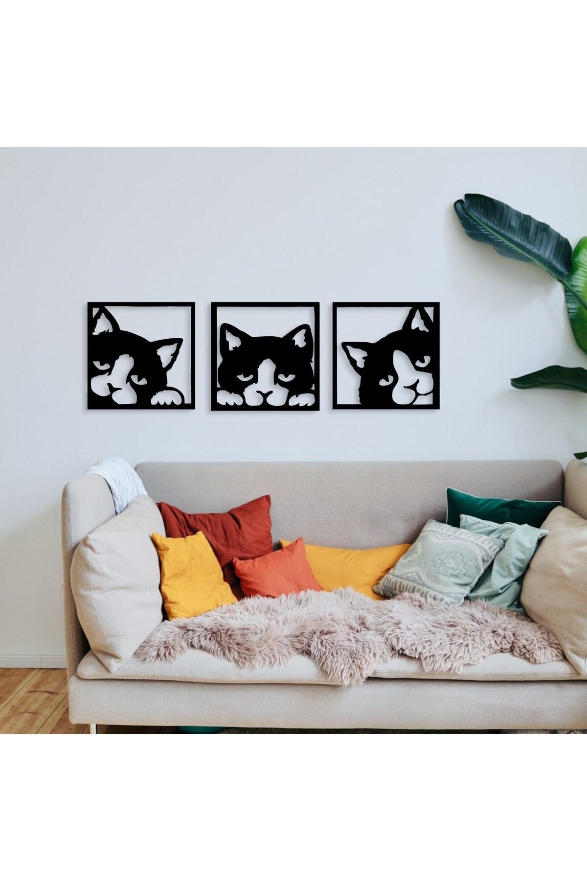 Sevimli Kedi Kafası Duvar Dekoru 3 Parçalı Sevimli ve Minimalist Tasarım