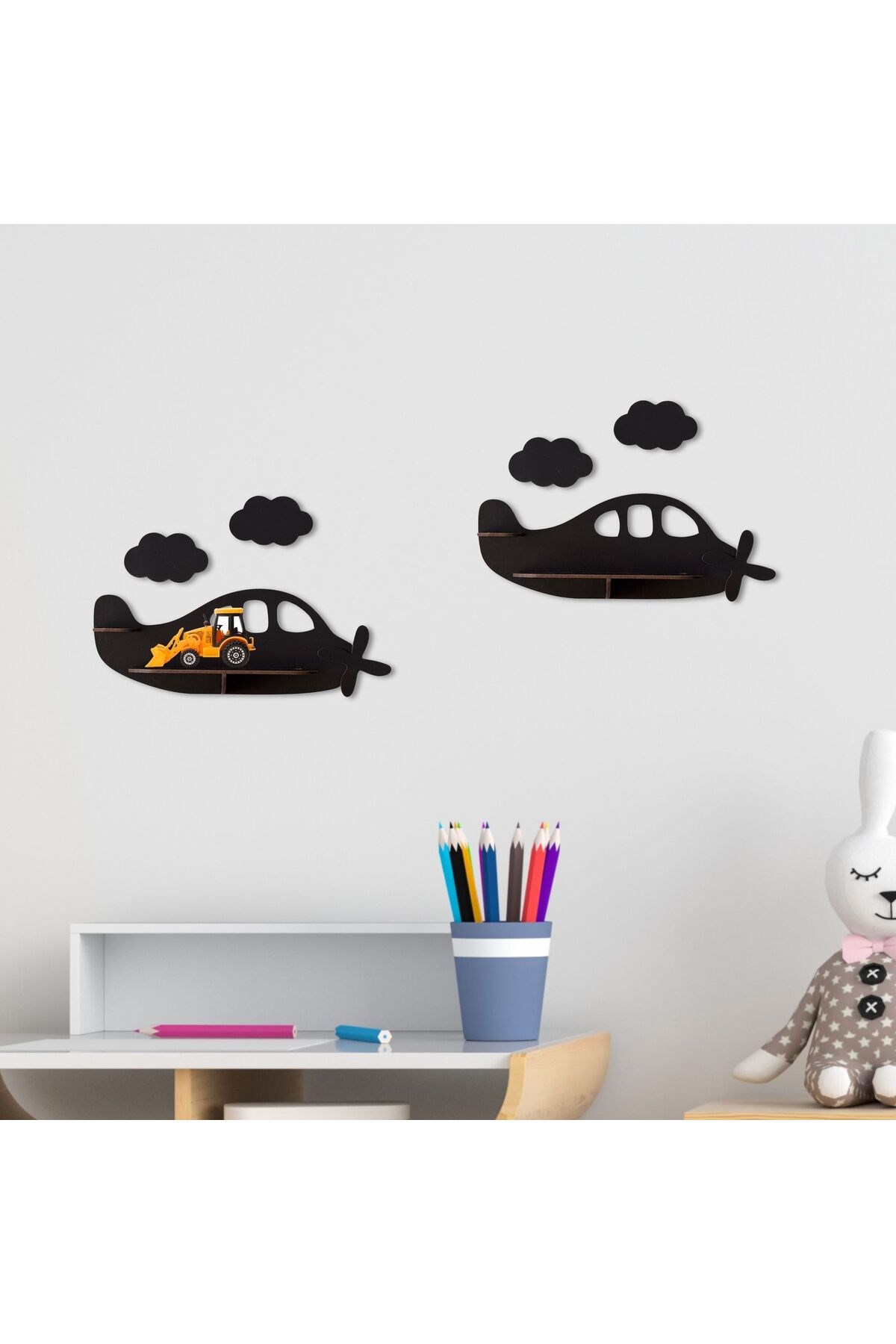 2'li Uçak Temalı Ahşap Duvar Rafı | Çocuk Odası Dekoru | 5 Renk | MDF Raf Ünitesi Uçak Figürlü Dekor