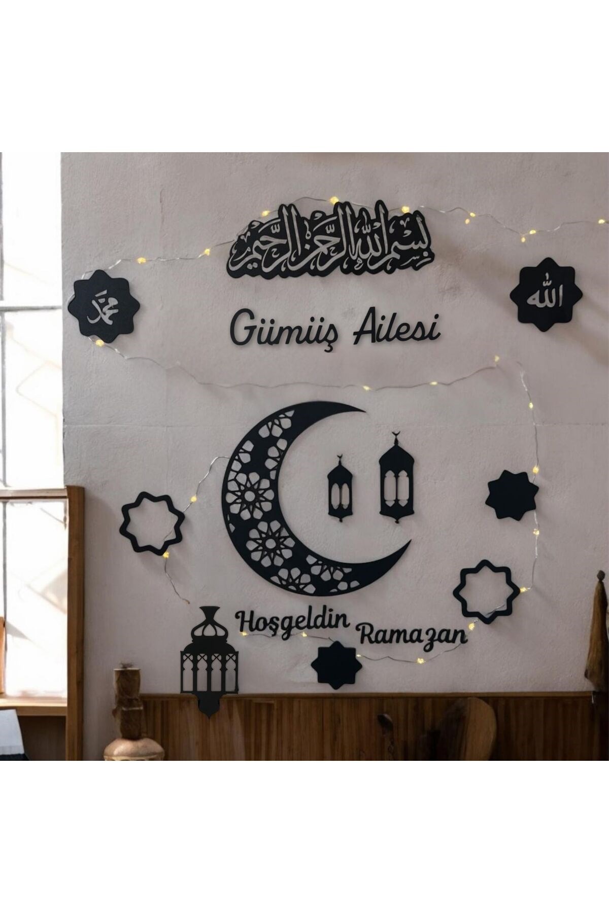 "Kişiselleştirilebilir Hoşgeldin Ramazan LED Işıklı Ahşap Duvar Süsü | Aile İsmi ile Özel Tasarım"