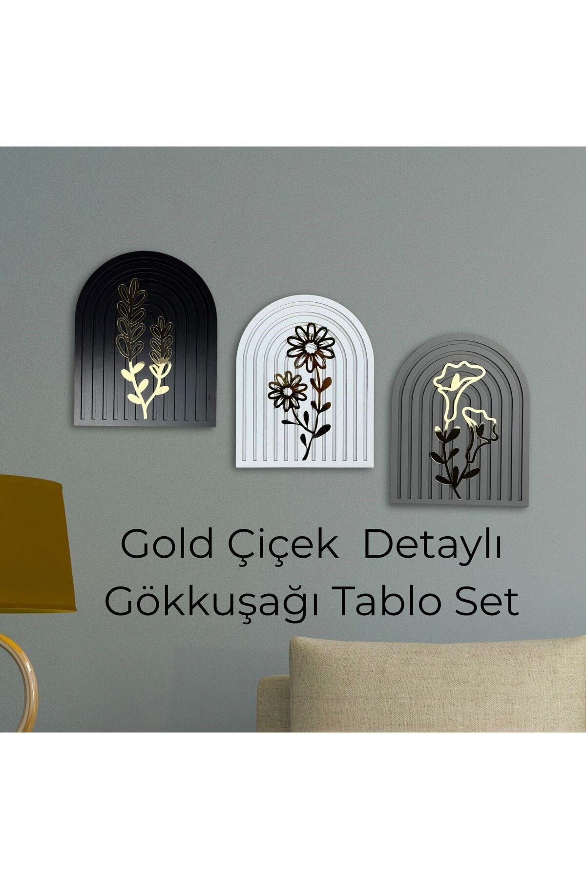 Gold Çiçek Detaylı Ahşap Gökküşağı Duvar Tablo Seti – Siyah Beyaz Gri 70x25 cm Dekoratif Set
