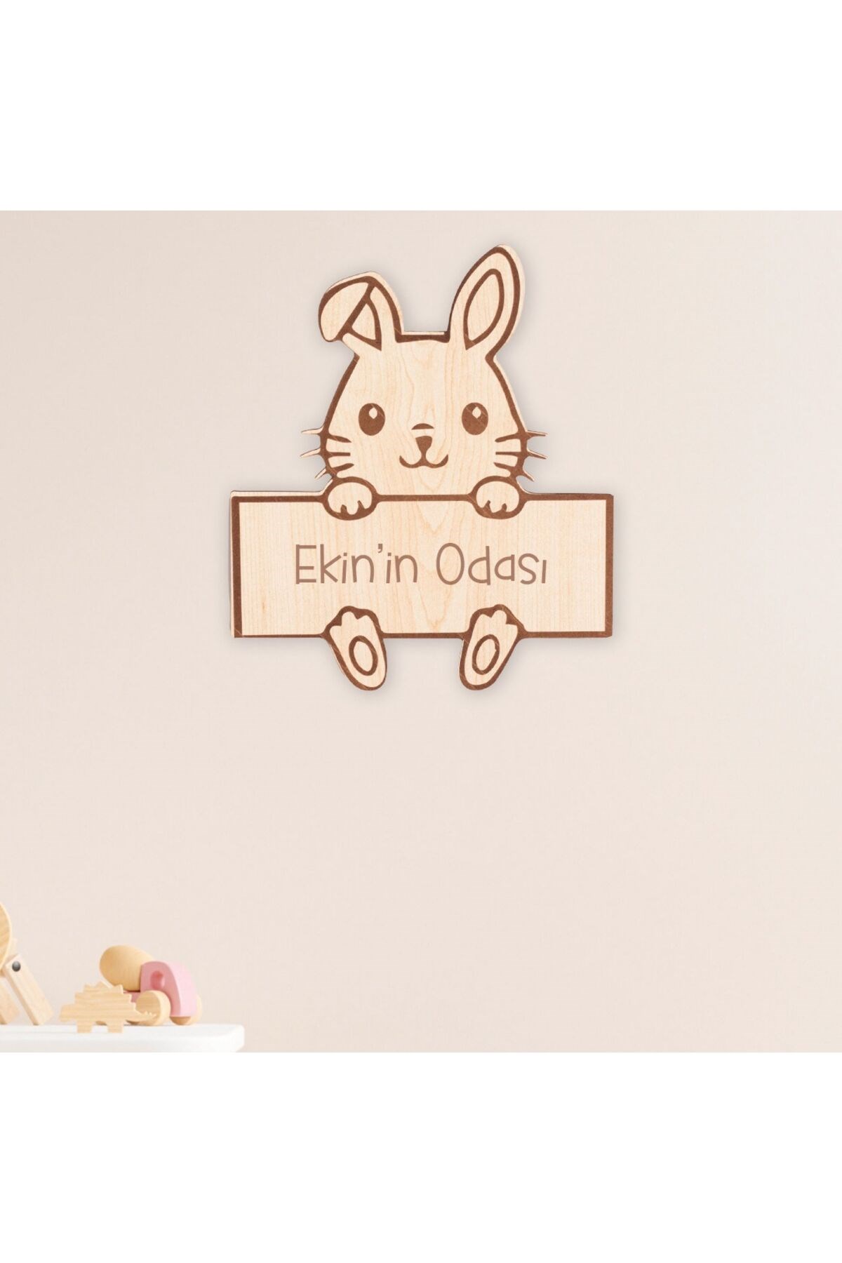 Tavşan Figürlü Ahşap Kapı Süsü 25x25 cm - Çocuk Odası, Kreş, Anaokulu Dekoru