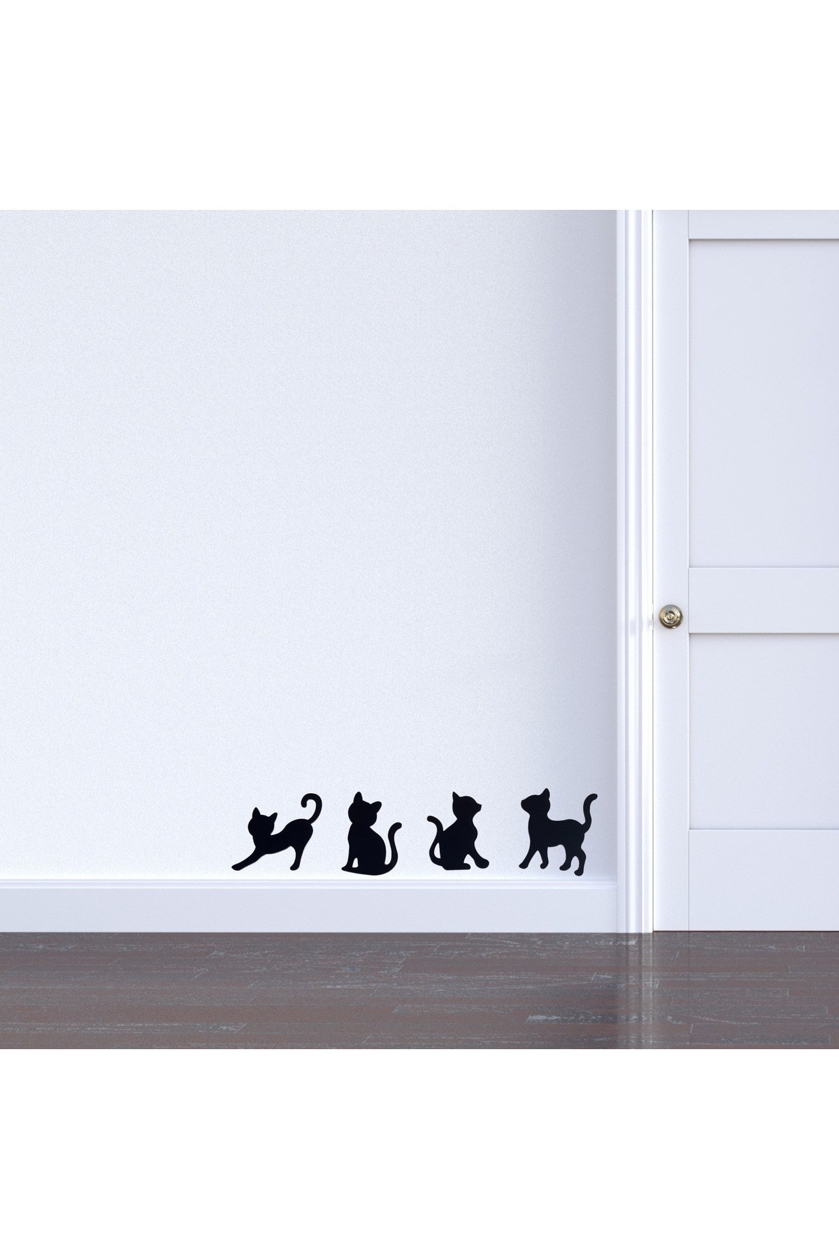 Dekoratif 4'lü Kedi Duvar Süsü Duvar Dekorasyon Şirin Dekoratif Ürünler - Siyah Ahşap MDF