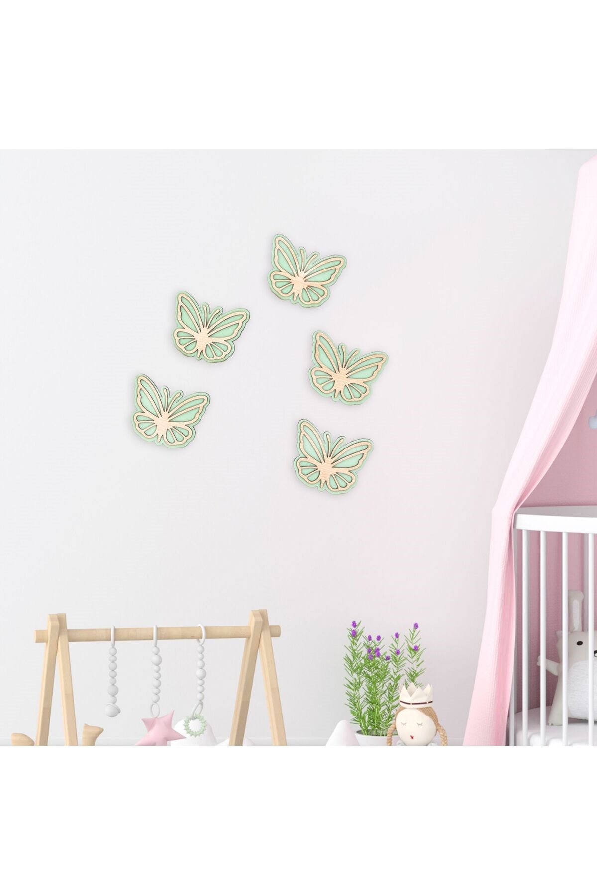 Ahşap Kelebek Duvar Süsü 5’li Set – Pembe, Mavi, Yeşil Renkli Çocuk Odası Dekoru, Bantlı Montaj