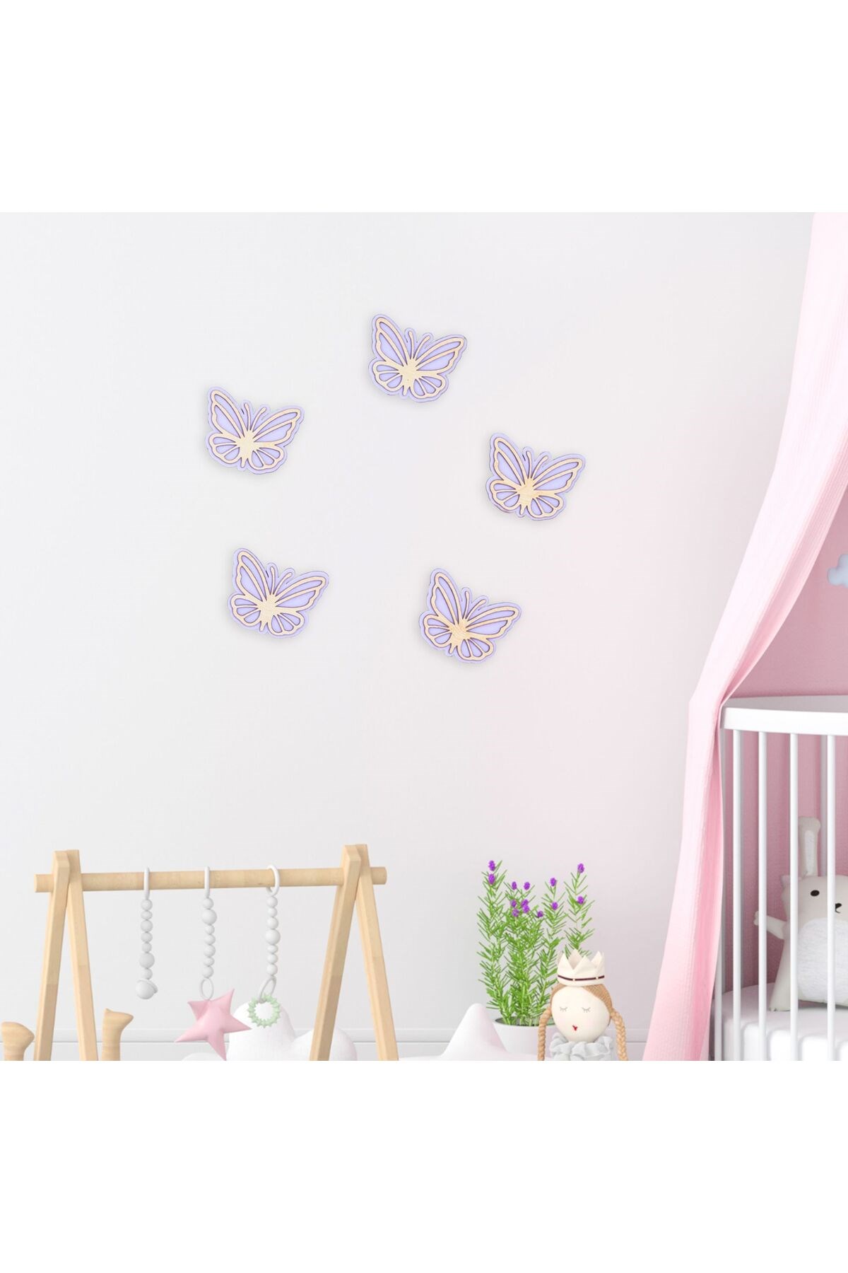 Ahşap Kelebek Duvar Süsü 5’li Set – Pembe, Mavi, Yeşil Renkli Çocuk Odası Dekoru, Bantlı Montaj