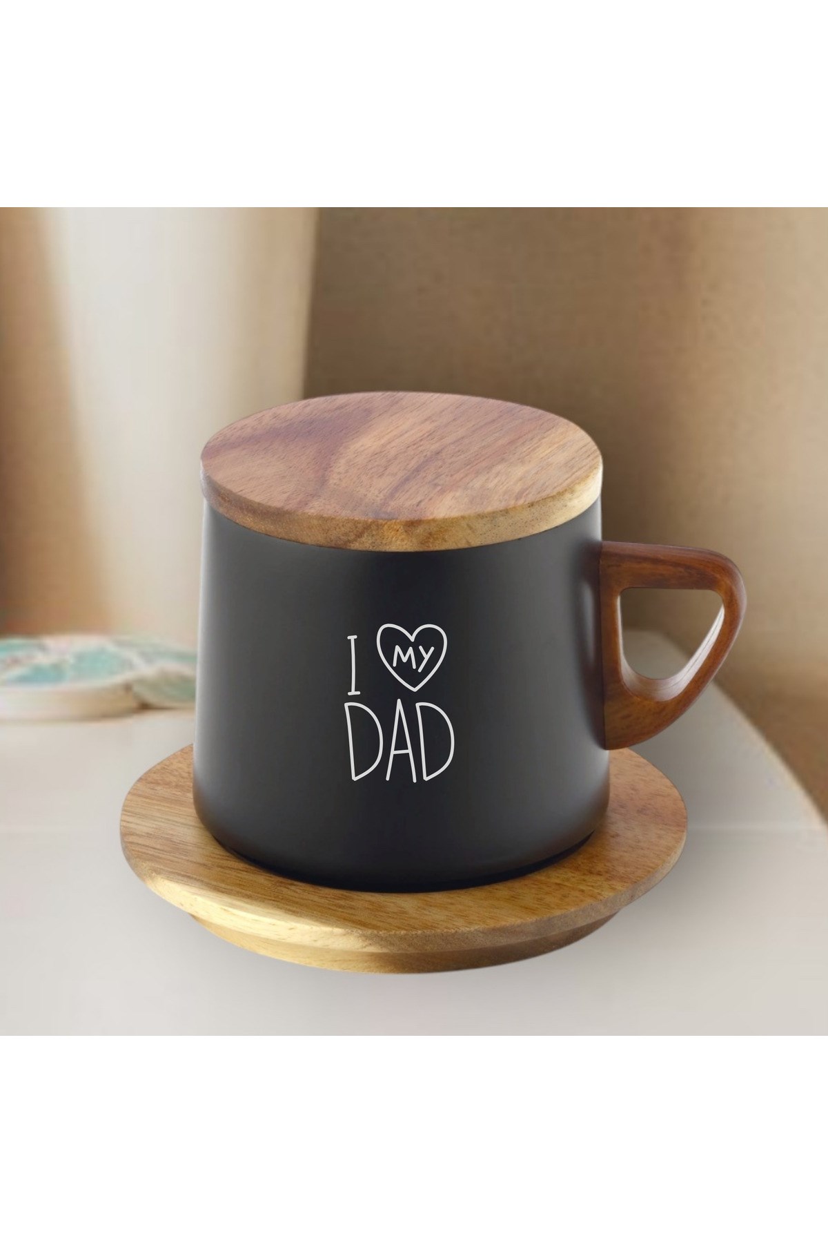Babalar Günü Hediyesi Termos – Ahşap Kapaklı, Siyah Çelik, I Love My Dad Yazılı