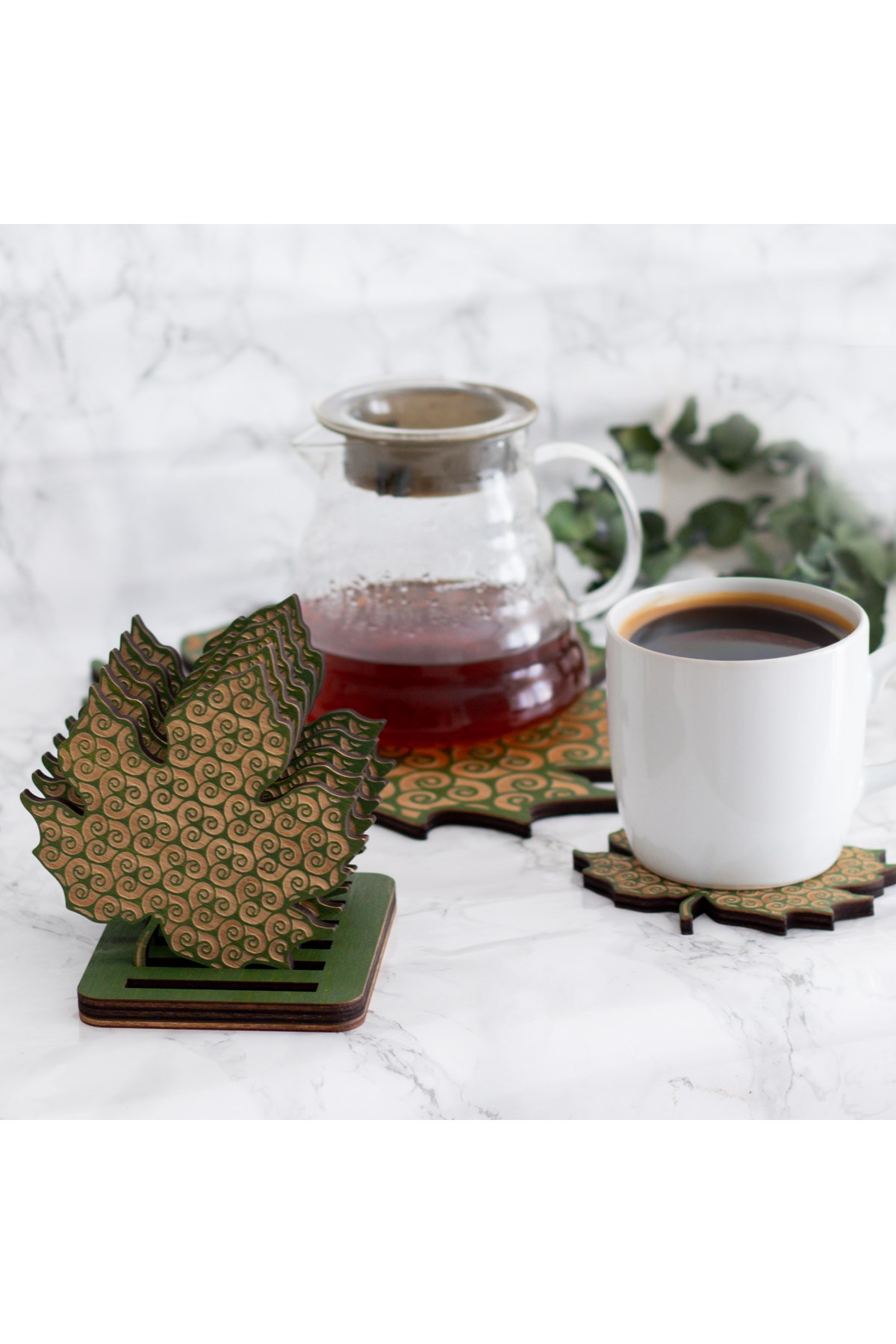 Huş Ahşap Yaprak Desenli Nihale ve 6’lı Bardak Altlığı Servis Seti - Otantik - Nostaljik