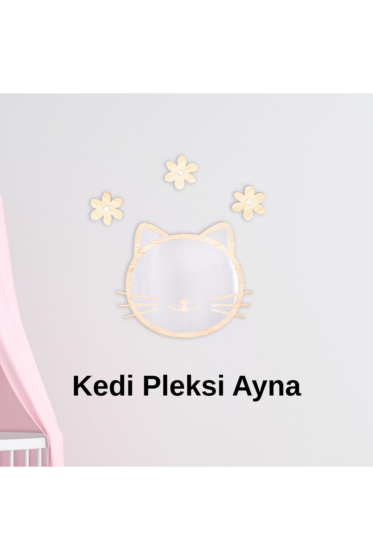 Ahşap Pleksi Ayna Kedi Duvar Dekoru – 22x25 cm Çocuk Bebek Odası Dekoratif Aksesuar