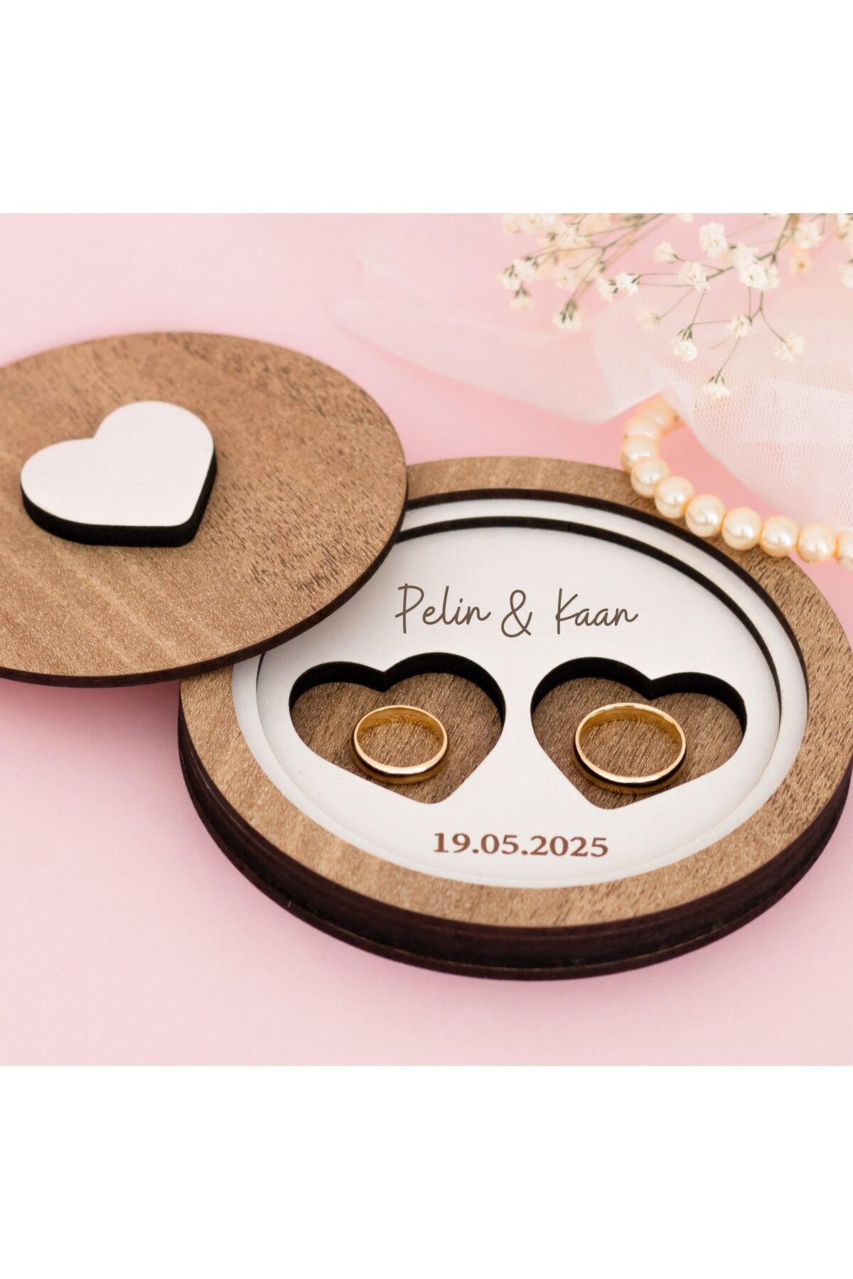Kişiye Özel İsimli Yuvarlak Yüzük Kutusu Nişan Evlilik Teklifi ve Söz Organizasyon Ahşap Takı Kutusu