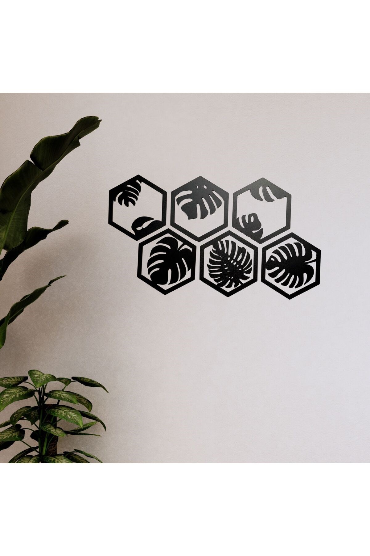 6 Parça Siyah Ahşap Deve Tabanı Bitkisi Desenli Altıgen Duvar Süsü - Modern Dekorasyon, 40x20 cm"