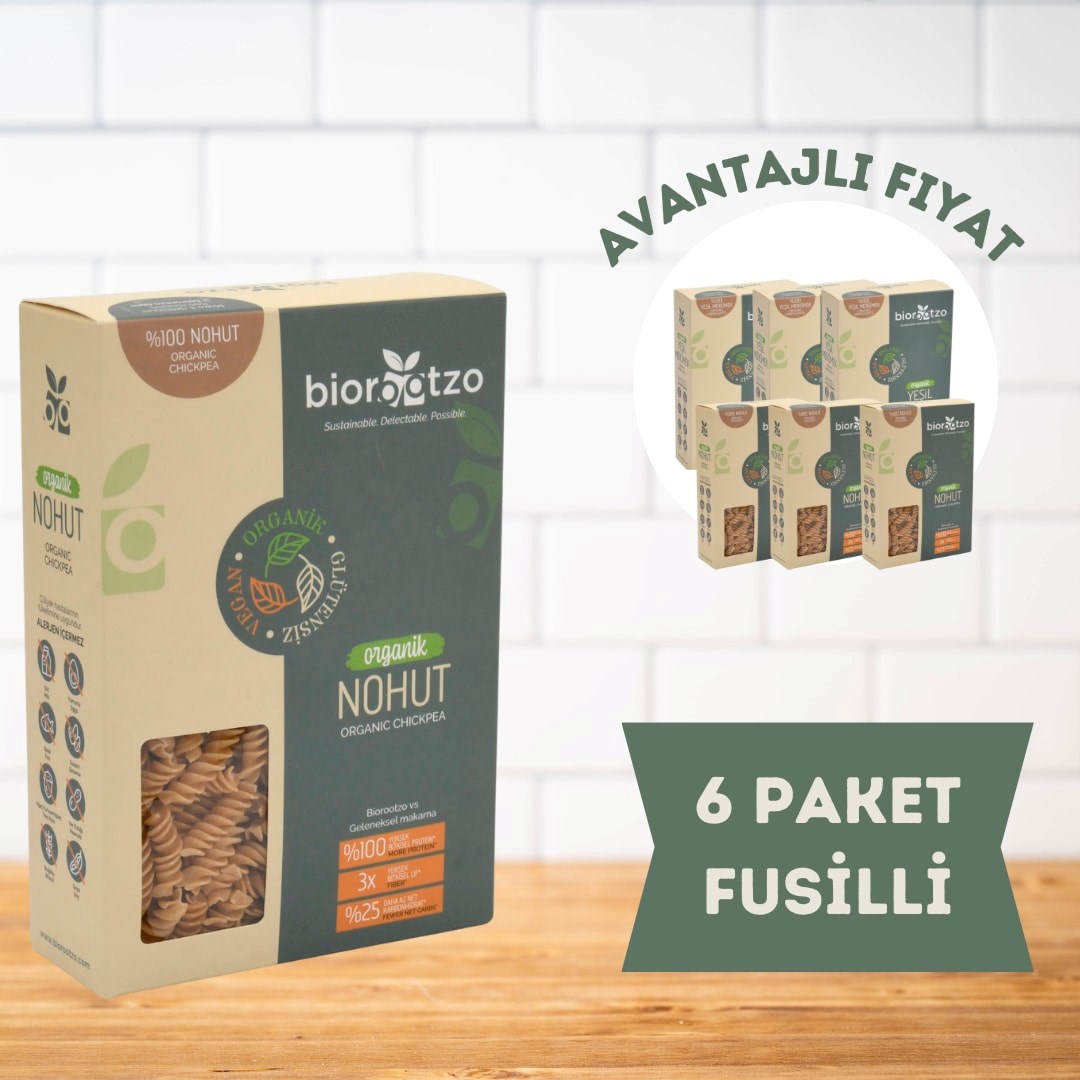 Biorootzo Artizan Bronz Kalıp Organik Glütensiz Vegan Nohut Fusilli 6 Paket x 200 g Avantajlı Paket