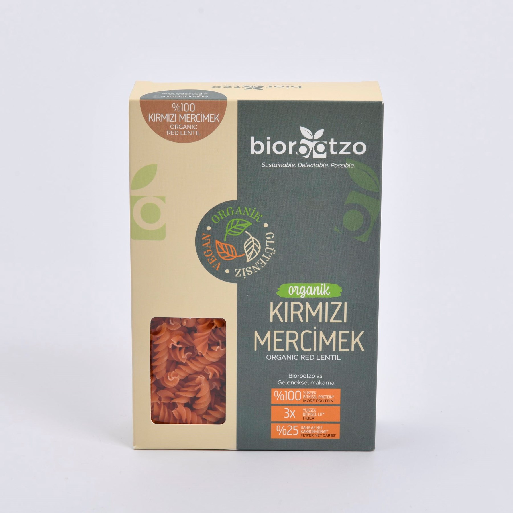 Biorootzo Organik Glütensiz ve Vegan Artizan Bronz Kalıp Kırmızı Mercimek Fusilli 200 g