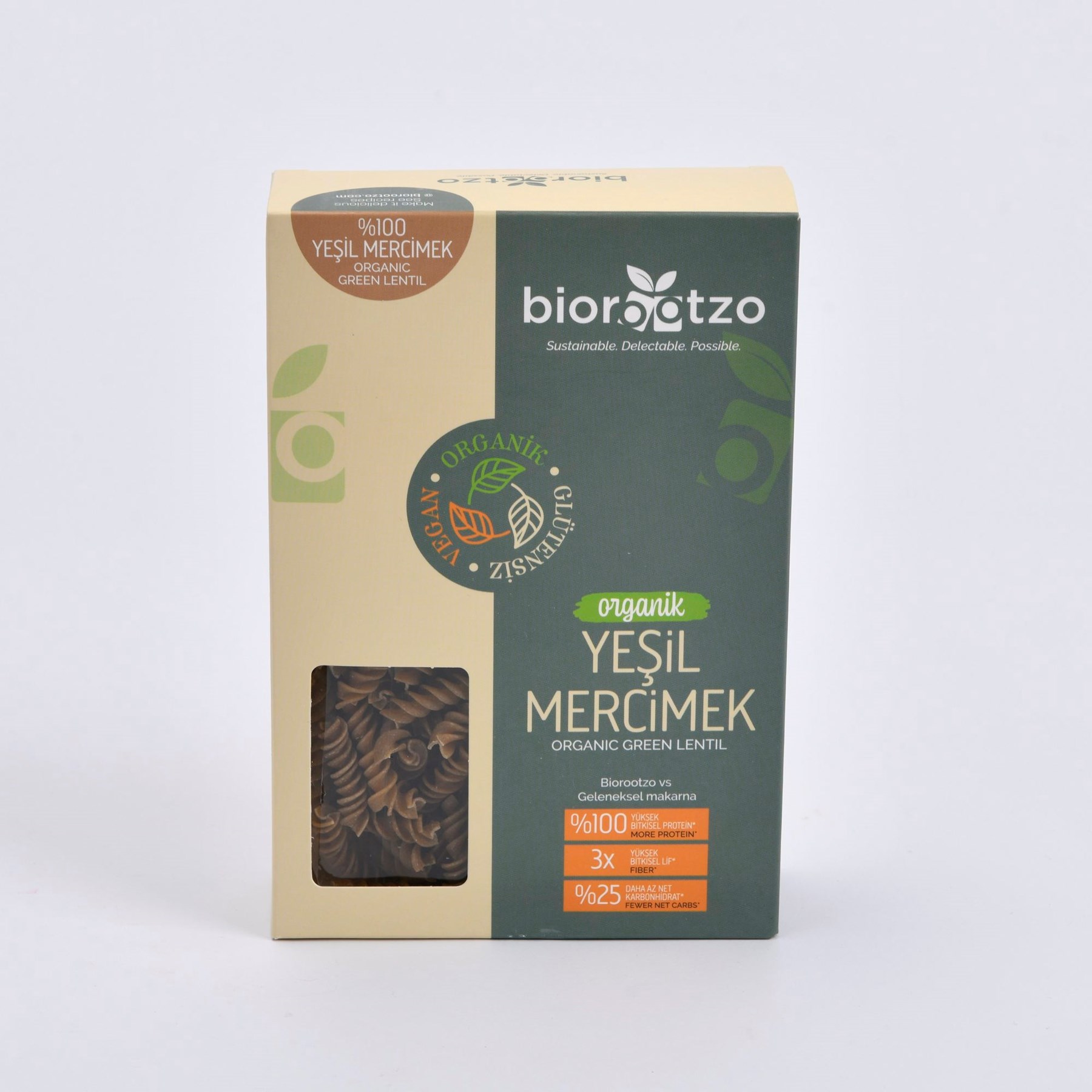 Biorootzo  Organik Glütensiz ve Vegan Artizan  Bronz Kalıp Yeşil Mercimek Makarnası  200 g
