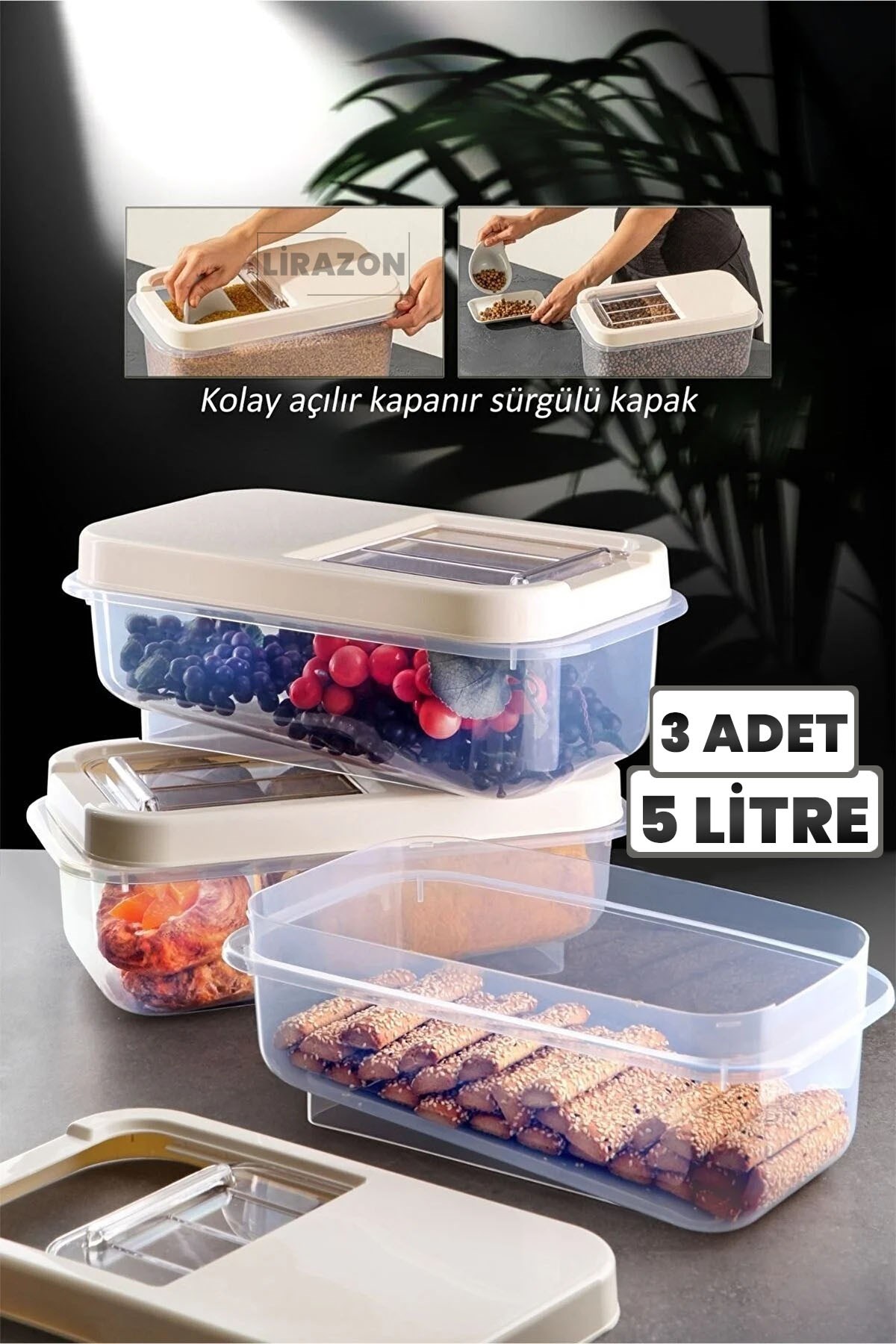 3 Adet Multibox 5 Lt Kolay Kayar Kapaklı Çok Amaçlı Erzak, Bakliyat Vs. Saklama Kabı