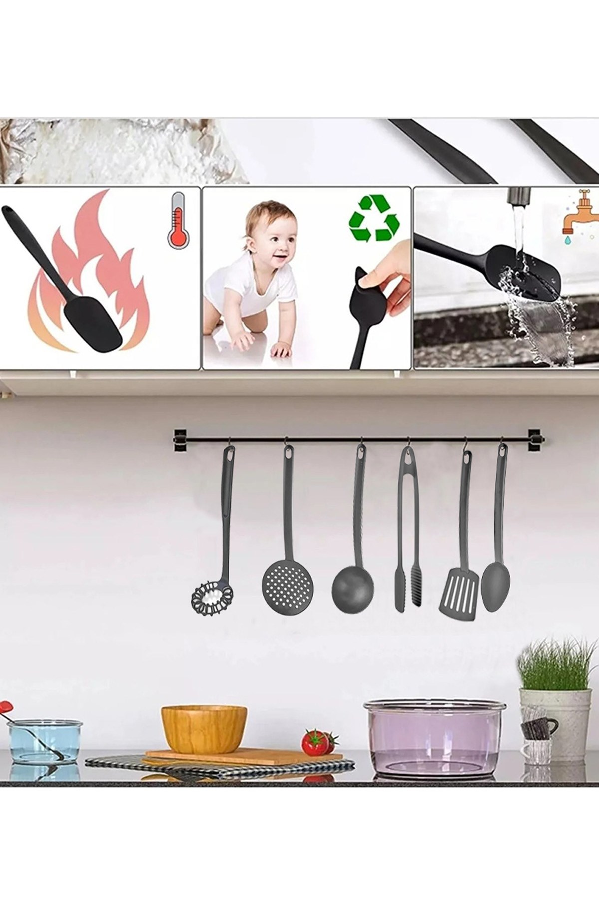 6'Lı Yanmaz Yapışmaz Teflon Servis Set 220 Derece Dayanıklı Kepçe Kevgir Spatula Kaşık Çırpıcı Maşa
