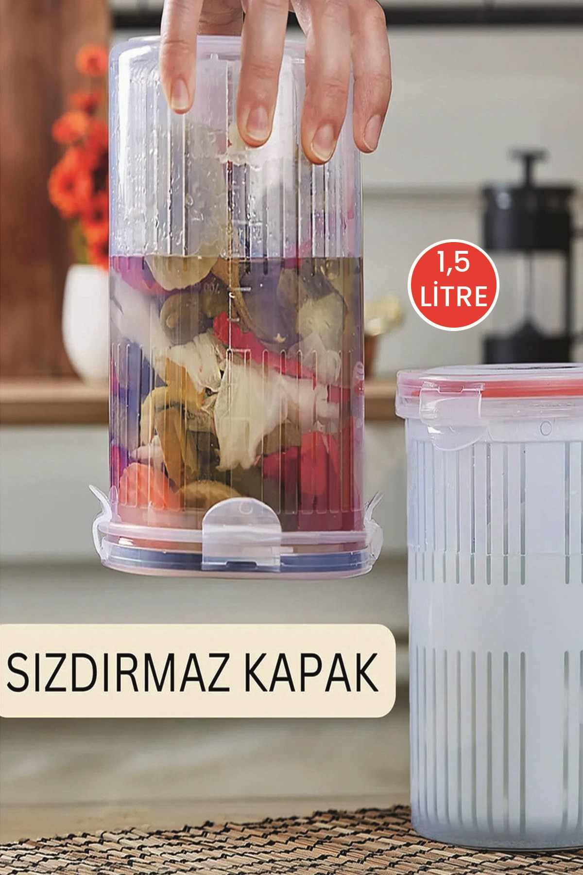 2 Adet Süzgeçli Saklama Kabı Organizer Zeytinlik Süzgeçli Zeytin Turşu Saklama Kabı 1,5 Lt