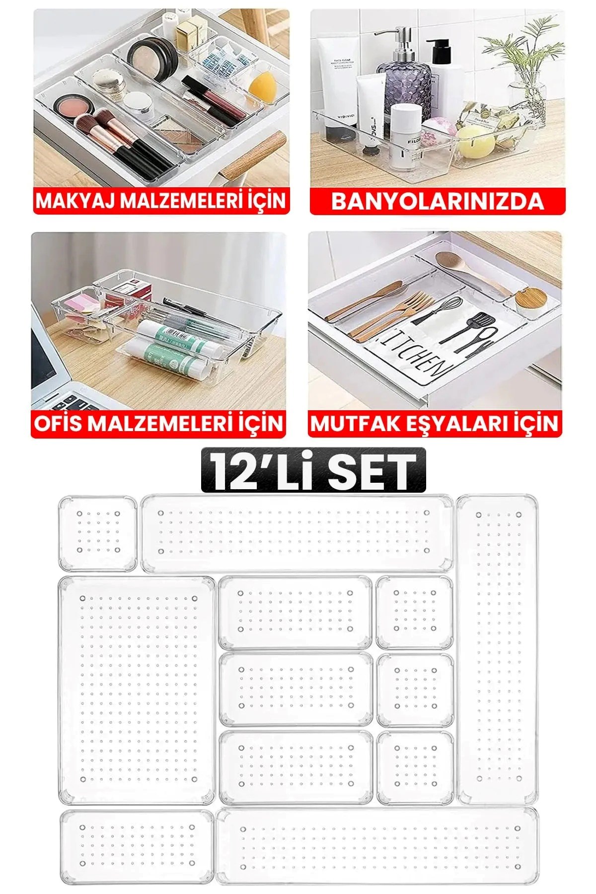 12 Parça Şeffaf Tasarım Modüler Saklama Kabı - Çekmece Içi Düzenleyici, Banyo Makyaj Takı Organizeri