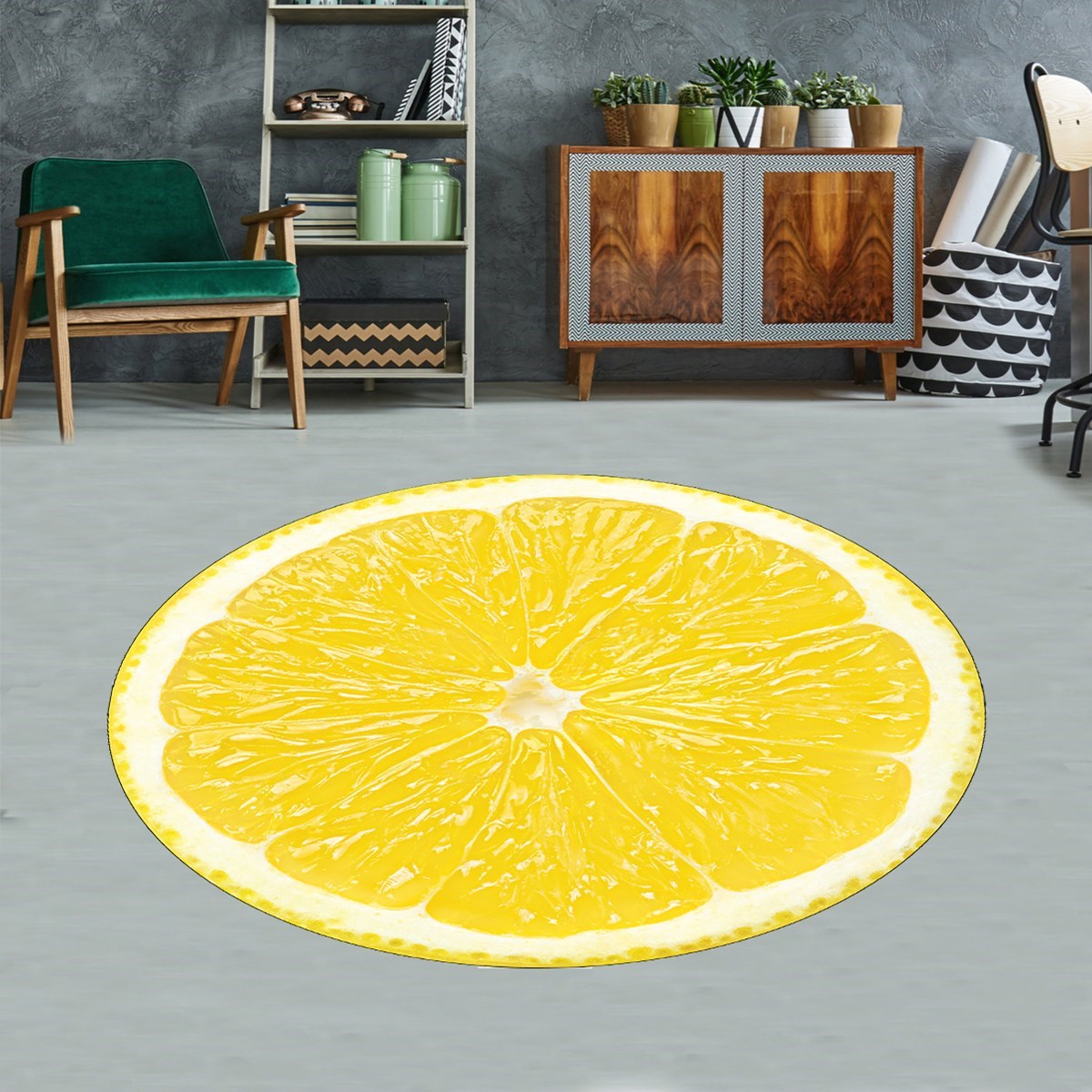 Sarı Limon Desenli Limonlu Desen Dijital Baskı Yıkanabilir Kaymaz Taban Yuvarlak Salon Halısı 