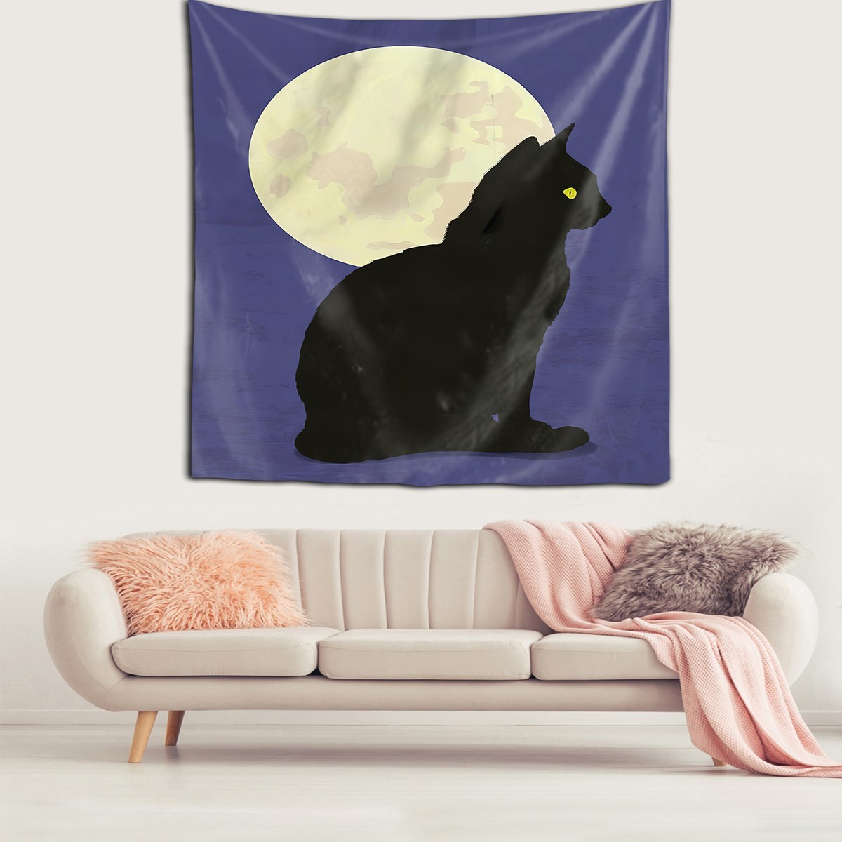 Ay Gece Ve Kedi Temalı Leke Tutmaz Kadife Doku Kumaş Duvar Örtüsü Duvar Halısı Tapestry