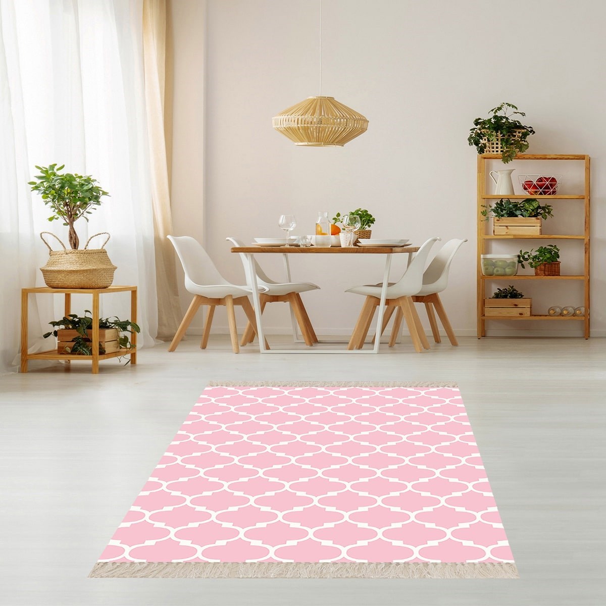 Geometrik Karo Desenli Dijital Baskı Yıkanabilir Kaymaz Taban Modern Salon Halısı ve Yolluk (Pudra)