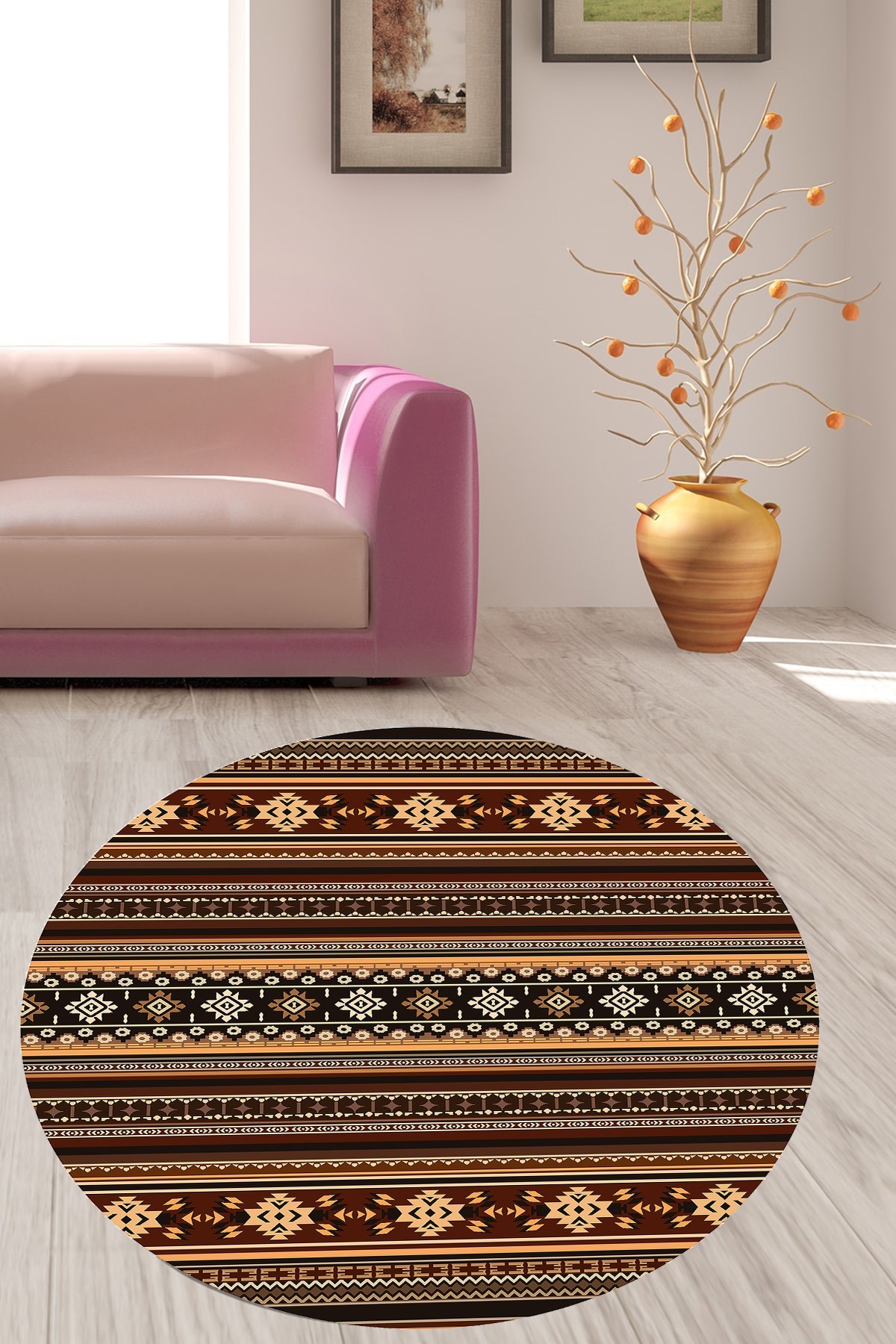 Kilim Motifler Desenli Etnik Dijital Baskı Yıkanabilir Kaymaz Taban Yuvarlak Salon Hol Halısı(Kahve)